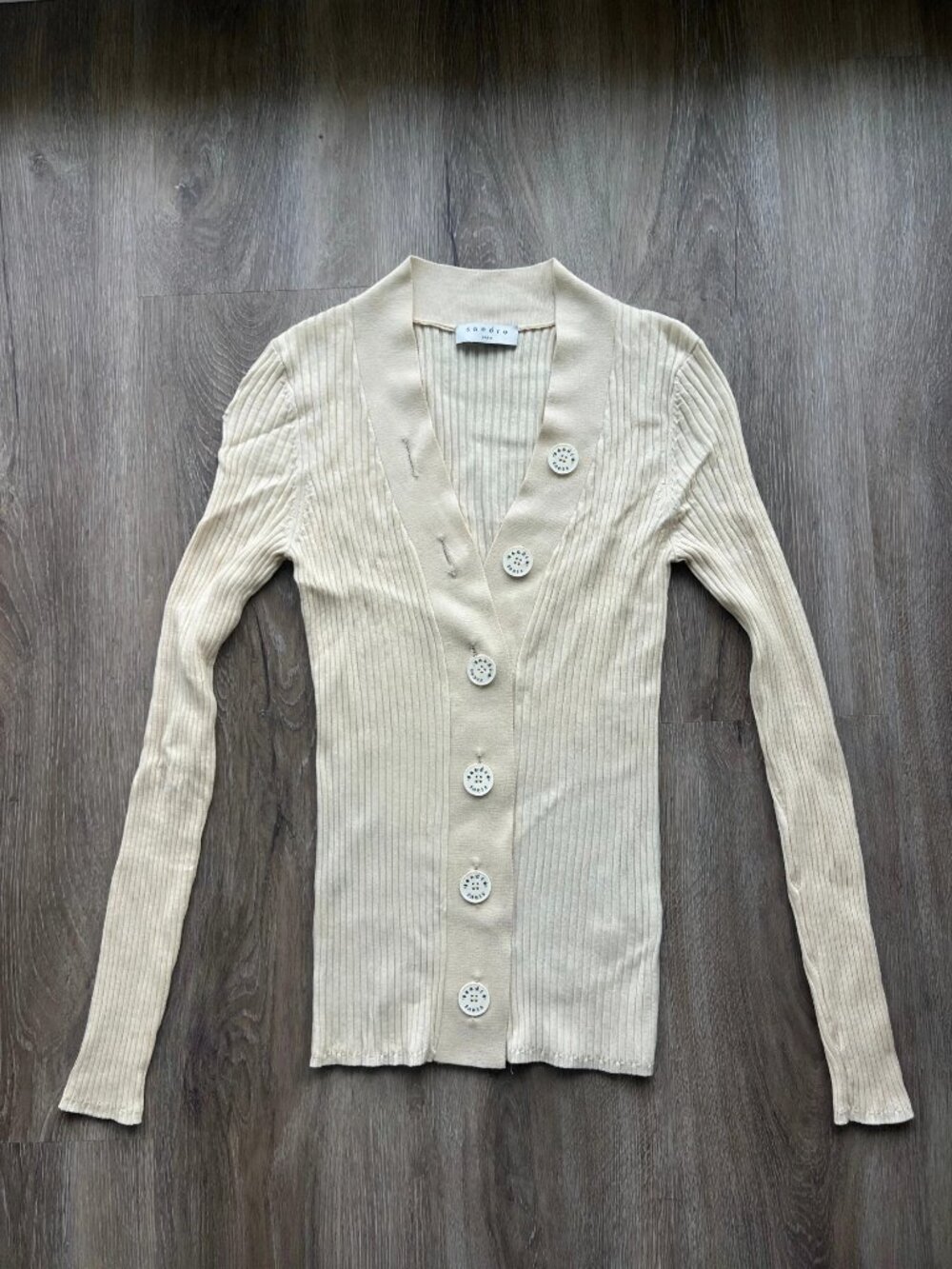 Sandro Paris Cream Ribbed Button Cardigan